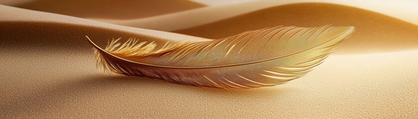 A delicate golden feather resting on smooth silk, symbolizing softness and elegance in nature's artistry.