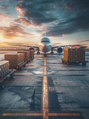 Aufkleber - A cargo airplane is parked on the runway, surrounded by loading equipment and crates as the sun sets in the background. Generative AI