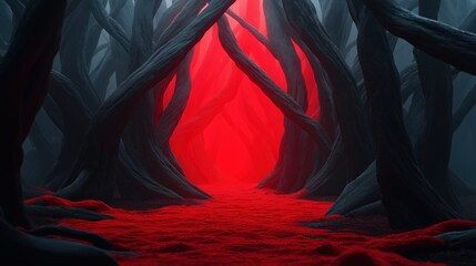 Dark Surreal Forest Path with Red Glow, Mysterious and Atmospheric Setting Ideal for Fantasy and Horror Themes