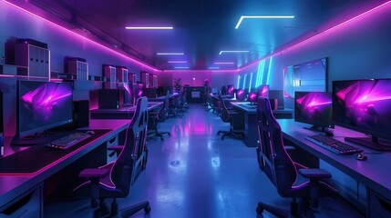 Leinwandbilder - Gamers immerse themselves in their favorite titles at a lively modern gaming club equipped with advanced consoles and PCs. Generative AI