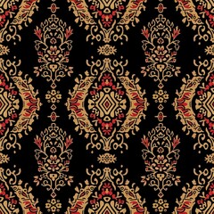 Poster - A detailed floral pattern with gold and red designs set against a black background, showcasing traditional textile artistry. Generative AI