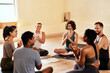 © peopleimages.com - Fitness, happy and people with applause for celebration, achievement and yoga progress with feedback. Class, women and men as friends with clapping, healing information and support for mental health