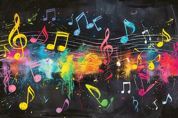 Aufkleber - A chalkboard displays lively brushstrokes intertwined with musical notes, showcasing creativity and expression in a bright environment. Generative AI