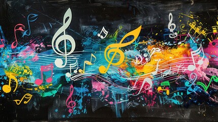 Poster - The chalkboard features an array of colorful brushstrokes and swirling musical notes, creating an engaging artistic atmosphere for learning. Generative AI