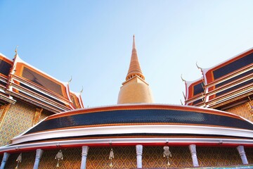 Wall Mural - A beautiful pagoda top view of Wat Ratchabophit Sathitmahasimaram Ratchaworawihan, the most famous and invaluable Buddhist temple in Thailand. A symbol of Thai treasure, traditional, culture, Buddhism