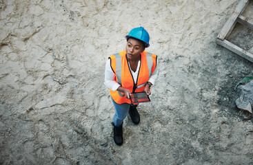 Poster - black woman, tablet and construction for engineering, blueprint and site assessment with floor plan.