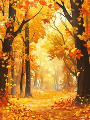 Aufkleber - A tranquil forest path is surrounded by trees adorned with bright fall leaves, showcasing the beauty of autumn's golden hues. Generative AI