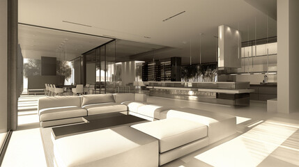Poster - Contemporary open space with a monochromatic color palette, an elegant low sofa, glass divider, and a minimalist kitchen with bar seating in the background.