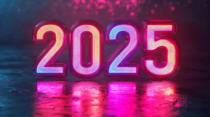 Happy new year 2025 number neon lights wallpaper, 3D modern cyberpunk pink purple blue fashion background banner template