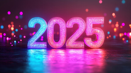 Happy new year 2025 number neon lights wallpaper, 3D modern cyberpunk pink purple blue fashion background banner template