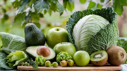 Vibrant variety of fresh, green vegan food including leafy greens, avocados, and apples for healthy plant-based eating. Vegan food concept