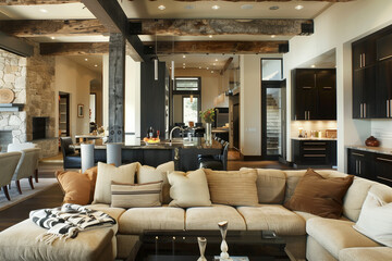 Cozy yet spacious open-plan living room with a warm-toned sofa, exposed wood beams, a stone accent wall, and a minimalist kitchen with black cabinetry.