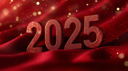 Happy new year 2025 number red silk with golden sparkles elegant wallpaper, 3D modern fashion shimmering glossy fashion background banner template