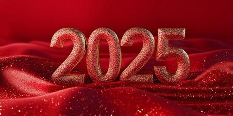 Happy new year 2025 number red silk with golden sparkles elegant wallpaper, 3D modern fashion shimmering glossy fashion background banner template