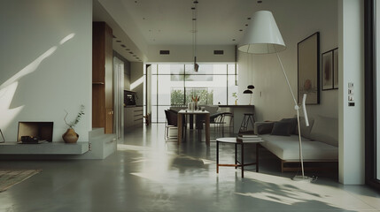 Poster - Sleek open-plan living room with white walls, polished concrete floors, and a minimalist dining area, highlighted by an oversized, statement floor lamp.