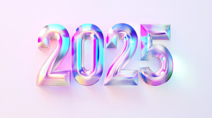 Happy new year 2025 number neon lights holographic iridescent wallpaper, 3D modern future blue purple pink white fashion background banner template