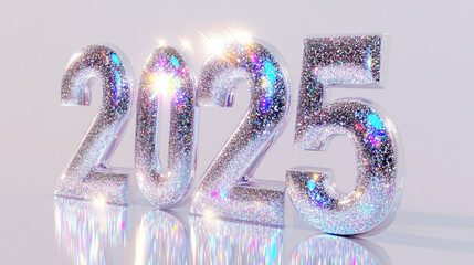 Happy new year 2025 number neon nail polish silver white wallpaper, 3D modern shimmering glitter glossy fashion background banner template