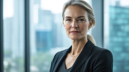 A confident middle-aged Caucasian woman stands in a modern office, exuding professionalism and determination. Her serious expression reflects leadership in a contemporary environment.