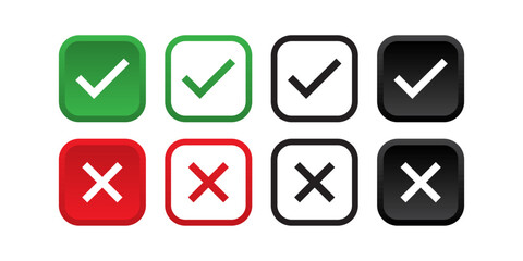 Check mark and cross mark icon button set. Rounded Rectangle Red and green checklist or voting sign. Tick and X icon , Simple ok yes no graphic design , right checkmark symbol accepted and rejected