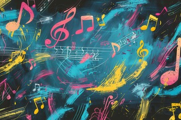 Leinwandbilder - Colorful brushstrokes intertwine with musical notes and symbols on a chalkboard, creating an inspiring visual for music enthusiasts. Generative AI