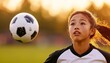 © saokaew - A dynamic action shot of a young female soccer player leaping into the air to head the ball