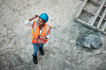 Aufkleber - Tablet, construction site and woman with building project and engineering for scaffolding and handyman inspection. Industrial, helmet and black female employee with contractor and protection gear