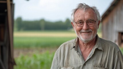 An elderly European male farmer stands outdoors with a warm smile. Surrounded by lush fields, he embodies the essence of rural life and hard work.