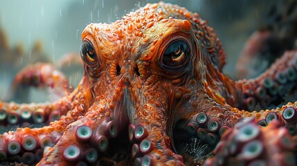 Poster - Close Up of a Red Octopus with Rain Drops