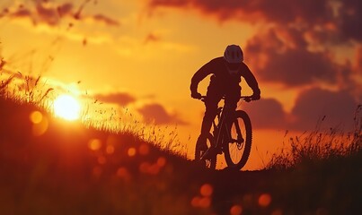 Wall Mural - A silhouetted cyclist rides against a vibrant sunset backdrop, capturing the essence of adventure.