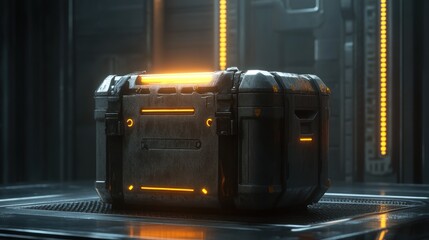Wall Mural - futuristic metal crate with glowing orange lights