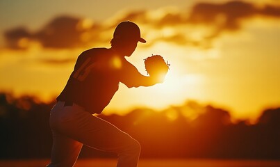 Wall Mural - A silhouetted baseball player preparing to pitch at sunset, capturing the essence of sport.