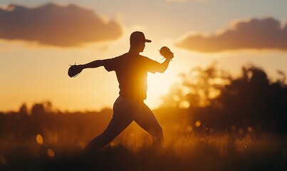 Wall Mural - A silhouette of a person throwing a baseball against a sunset backdrop.