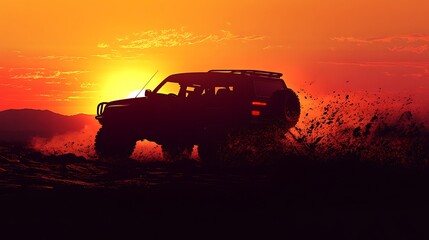 Wall Mural - A silhouetted SUV driving through dirt against a vibrant sunset backdrop.