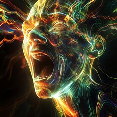 Wall Mural - Abstract Portrait of a Screaming Face Made of Lines of Light.