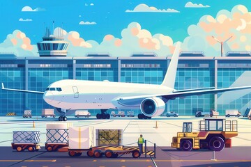 Aufkleber - A large cargo airplane is positioned on the runway, surrounded by equipment for loading and unloading freight during daylight. Generative AI