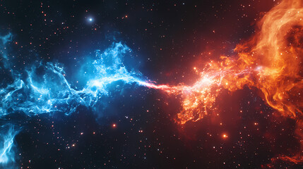 Wall Mural - Epic cosmic battle, fire and ice collision, blue lightning vs red flames, energy beams clashing, space background, star field, explosive particle effects. Cosmic Battle. Illustration