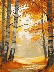 Aufkleber - A serene forest filled with golden autumn trees adorned with bright leaves creates a peaceful atmosphere along a winding path. Generative AI