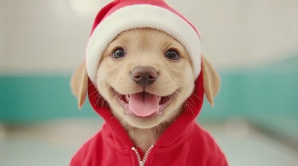 Canvas Print - Cute Puppy Wearing Santa Hat and Red Hoodie