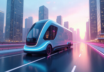 3D futuristic electric van moving along the highway