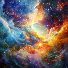 abstract cosmic nebula with stars and glowing clouds.