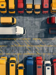 Fototapete - Numerous trucks and vans are lined up in an organized warehouse loading area, prepared for efficient shipping operations. Generative AI