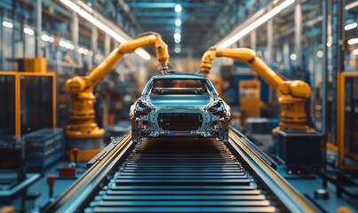Fototapete - A car body moves along an assembly line with robotic arms working on it.
