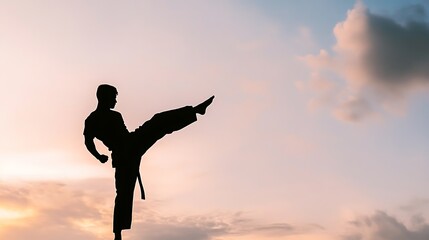 Wall Mural - A silhouette of a martial artist performing a kick against a sunset backdrop.