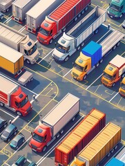 Fototapete - Multiple trucks and vans are parked at a warehouse, prepared for loading and delivery during a bustling afternoon period. Generative AI