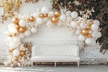 Elegant white and gold festive balloon arch backdrop for event or photography studio