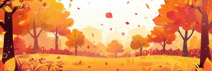 Poster - The tranquil forest features trees adorned with bright fall leaves, illuminated by gentle sunlight, creating a warm autumn atmosphere. Generative AI