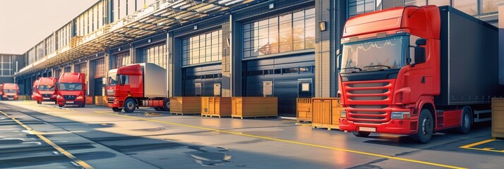 Fototapete - Several trucks and vans are parked at a warehouse, prepared for loading and unloading goods during the day. Generative AI