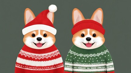 Wall Mural - Cute Christmas Corgi Dogs Wearing Knit Sweaters