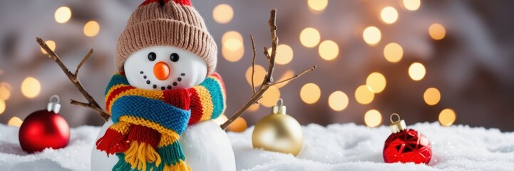 Cheerful snowman, colorful striped scarf and hat, twig arms, carrot nose, bokeh lights background, winter scene, festive atmosphere, soft focus, warm glow, holiday spirit, macro photography, shallow d