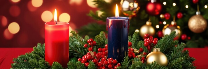 Christmas candles, pine branches, golden ornaments, red berries, bokeh lights, festive atmosphere, warm glow, holiday decorations, red and green color scheme, cozy ambiance, traditional Christmas scen